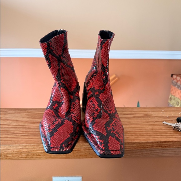 T by Alexander Wang Red and Black Snake Print Ankle Boots - Picture 6 of 7